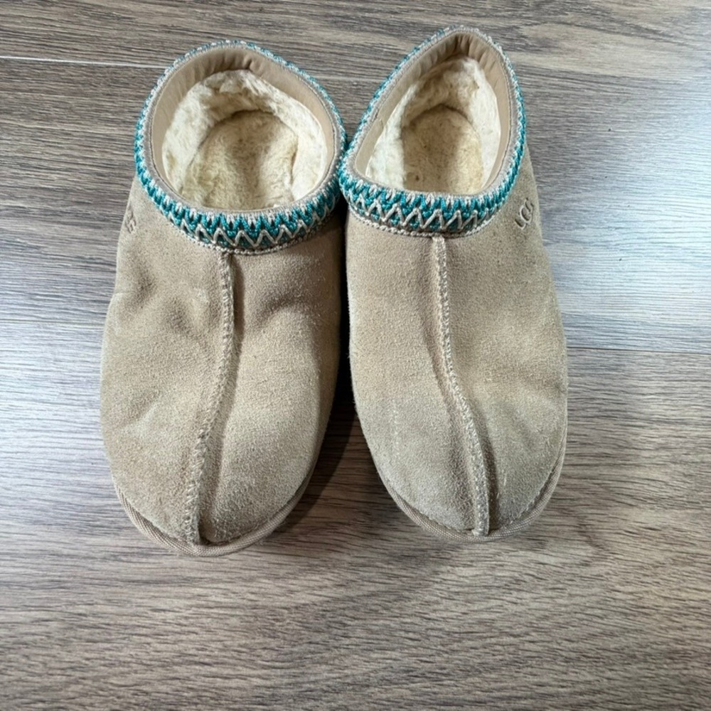 UGG Kids Tasman Suede Slippers Tan Teal Braid Trim Size 4 1019066K Slide Casual - Picture 2 of 16